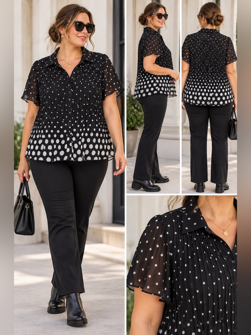 Only Necessities 1X Black White Polka Dot Pleated Blouse 22/24